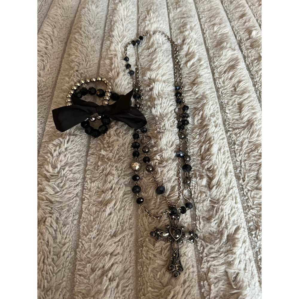 Gothic Cross Pendant Necklace and Bow Bracelet Set Black Silver Tone Beaded